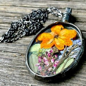 Polish Glass Pressed Wildflower Necklace